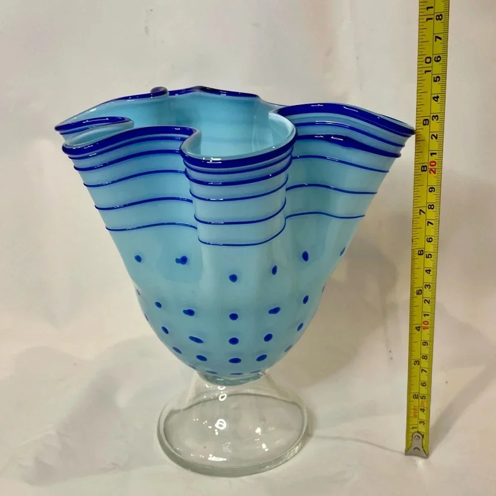 Blue Polka Dot & Stripped Blown Glass Fluted Ruffle Vase Handmade Unique